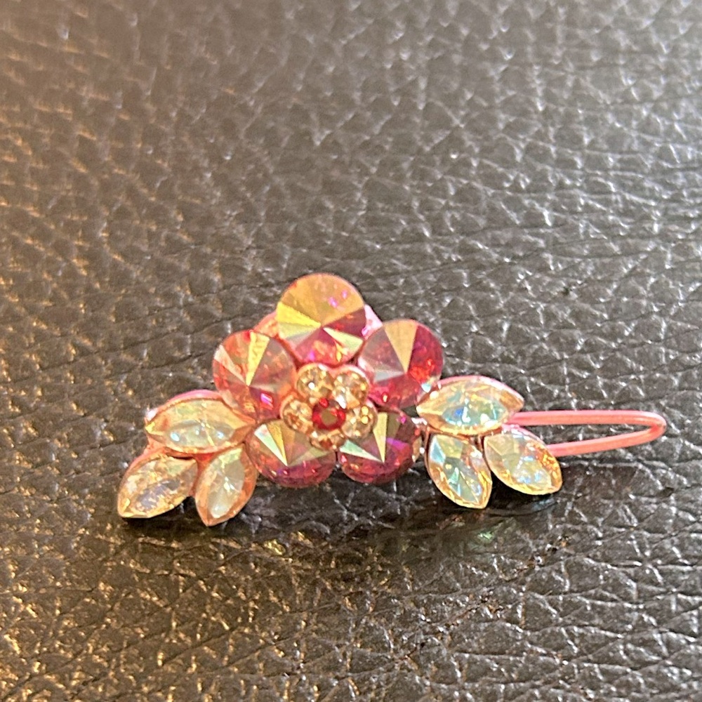 Y2K Vintage Pink Red and Aurora Borealis Metal & Crystal Hair Barrette Small